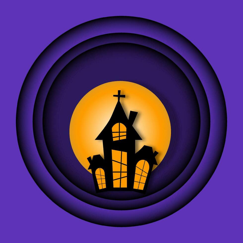 Happy Halloween concept. Black Halloween haunted house with the full moon on a spooky night with a purple sky. Silhouette landscape. Papercut style. vector
