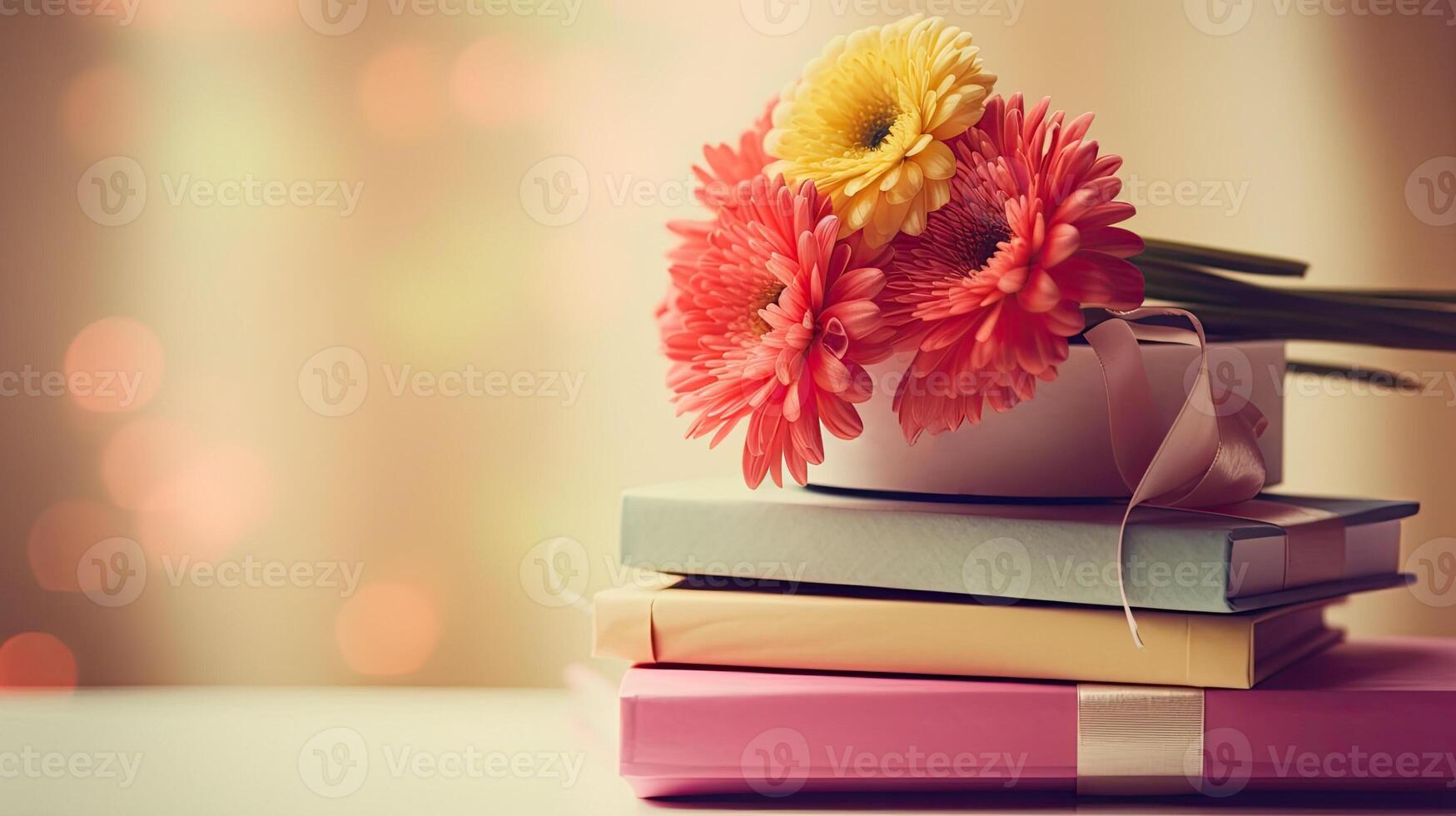 A stack of books with a flower vase. Web banner with copy space. photo