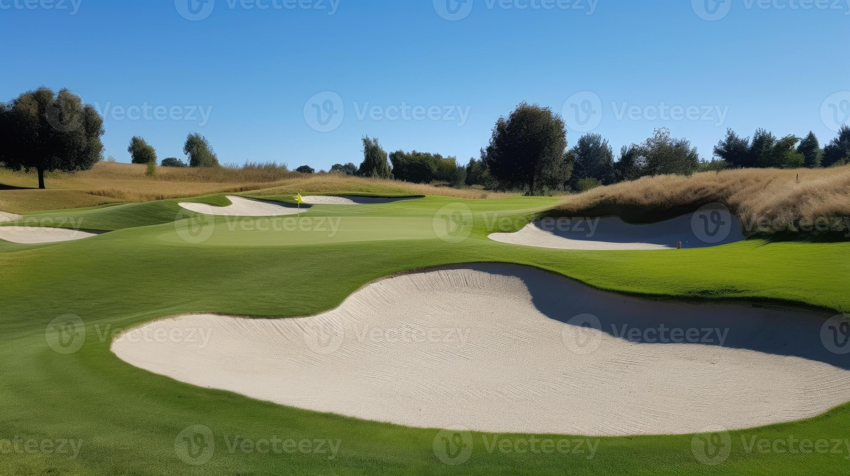 A golf course with rolling greens and sand traps. Generative AI