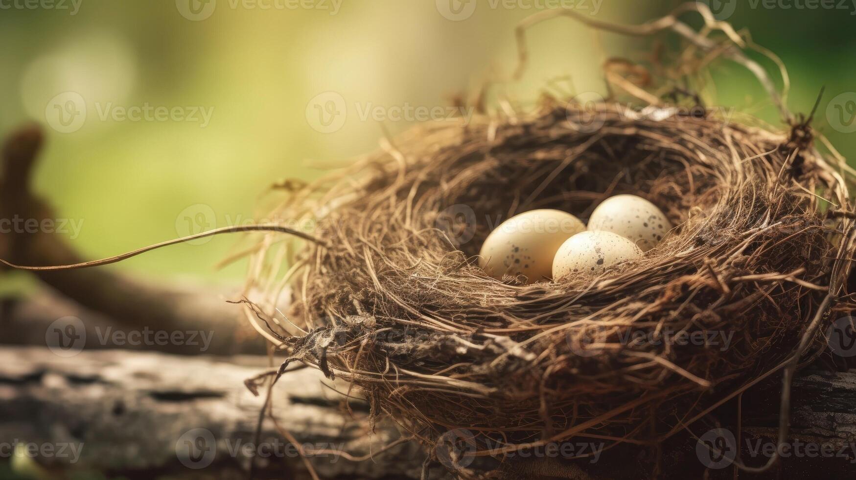 A small birds nest with eggs. Web banner with copy space. Generative AI photo