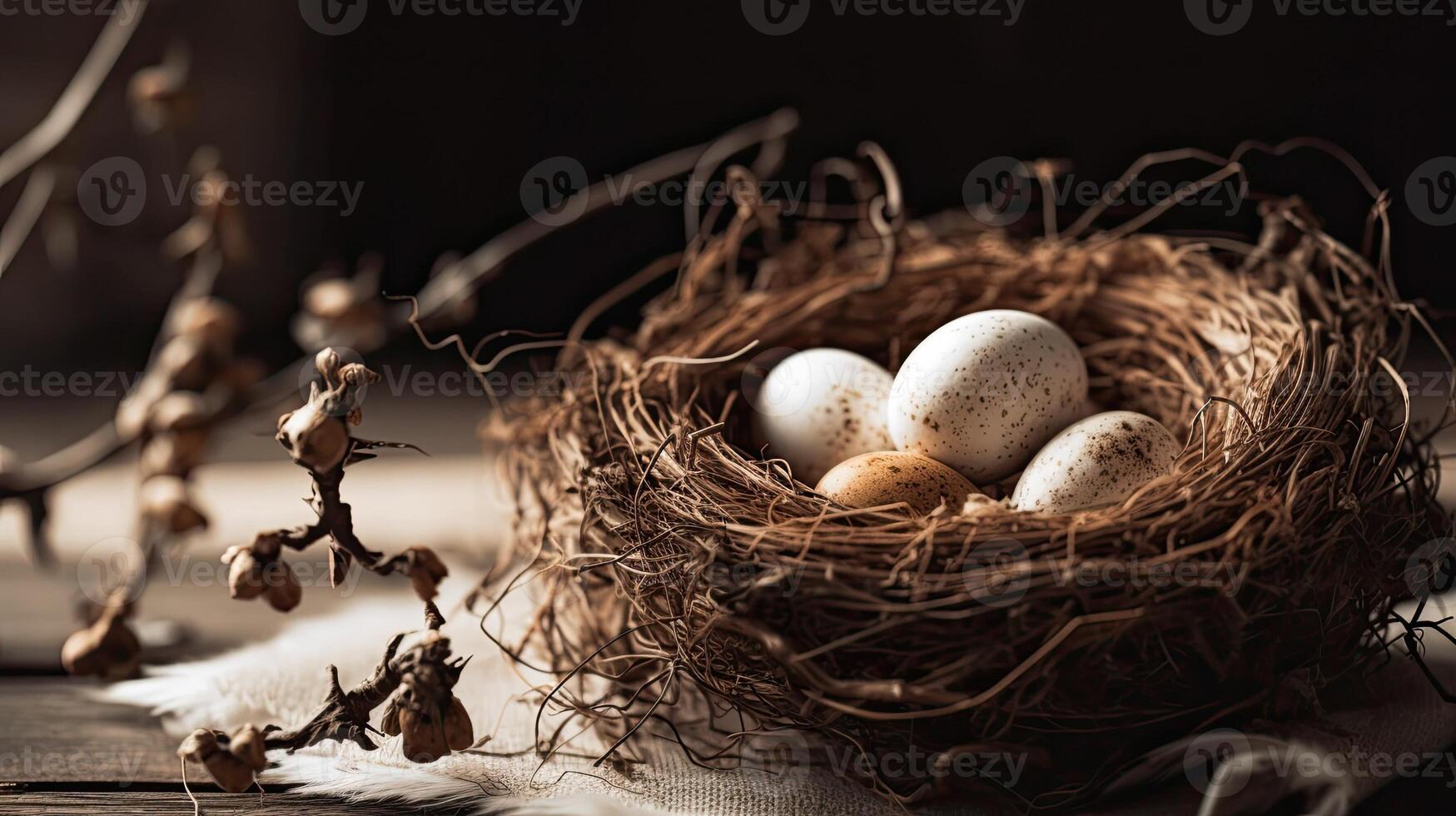 A small birds nest with eggs. Web banner with copy space. Generative AI photo