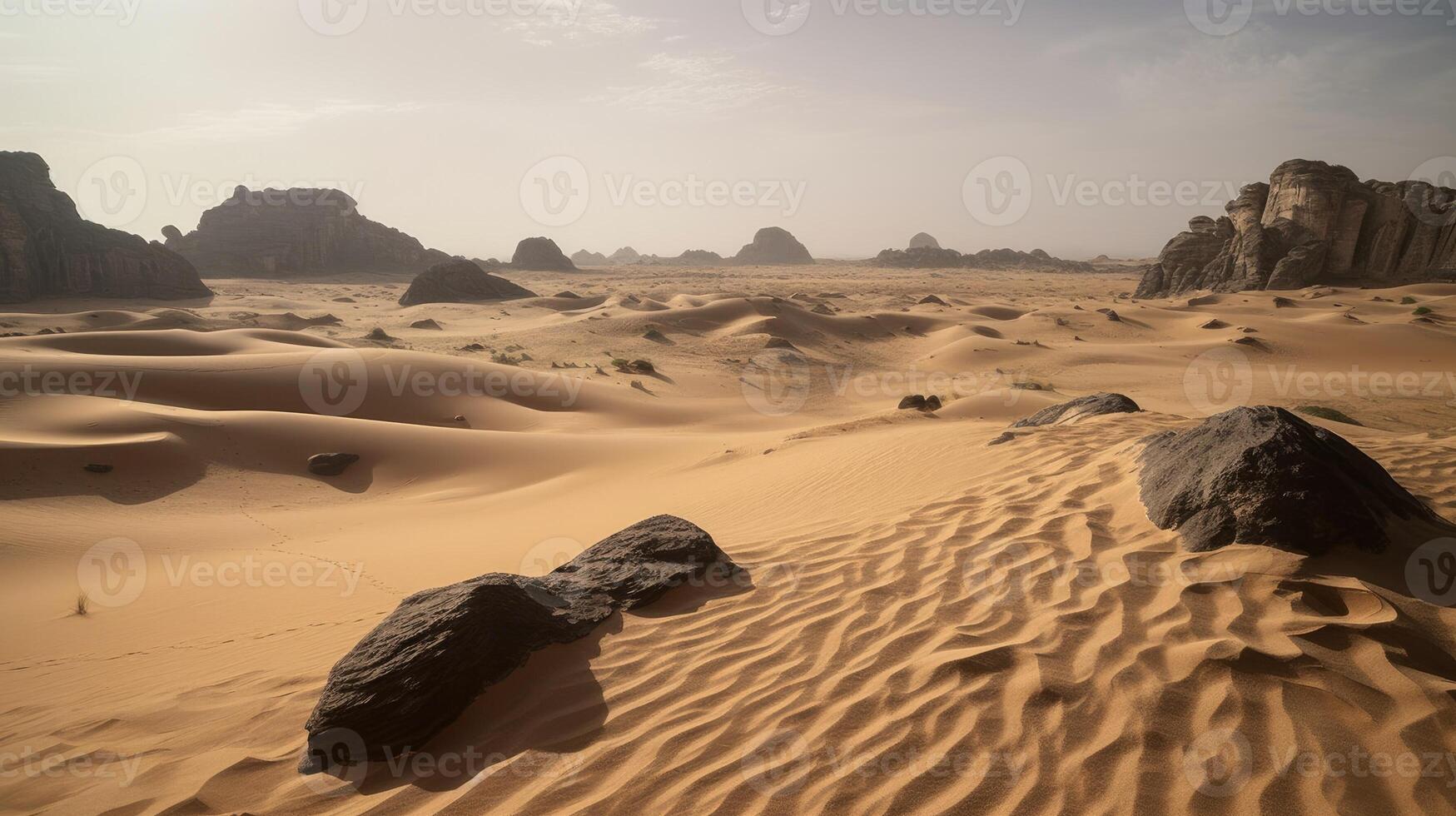 A desert with sand dunes and rock formations. photo