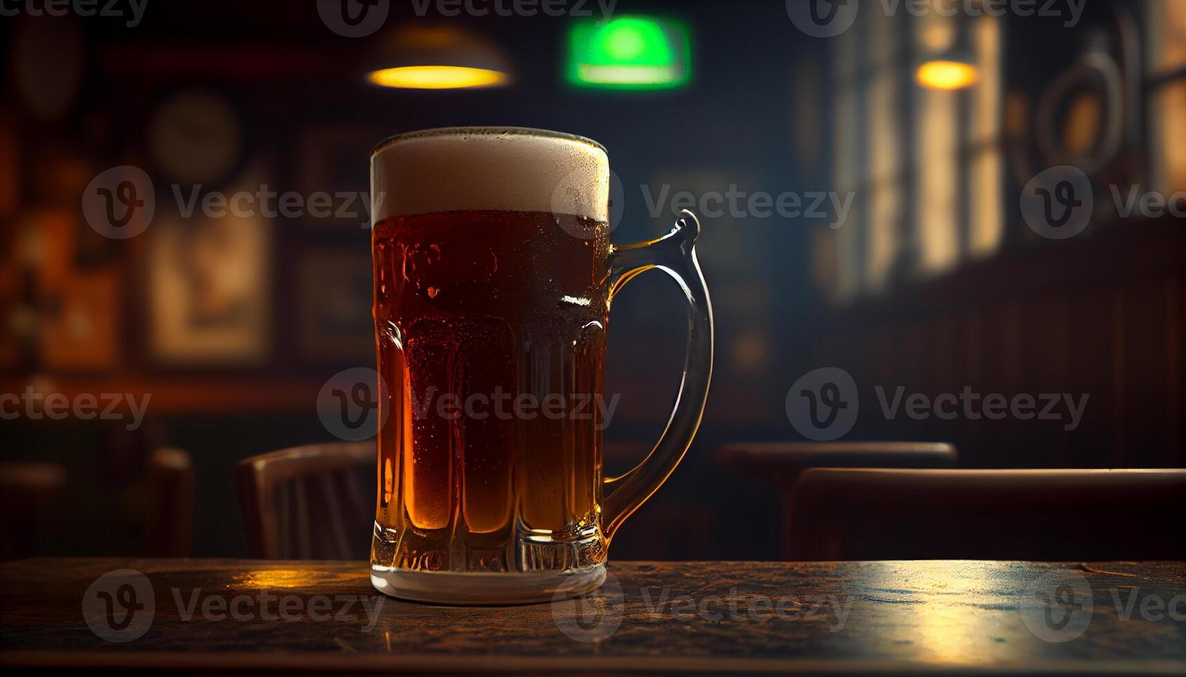 Glass mug of beer with foam in a bar, pub, brewery. Lager drink, pint, alcohol close-up. Generative AI photo