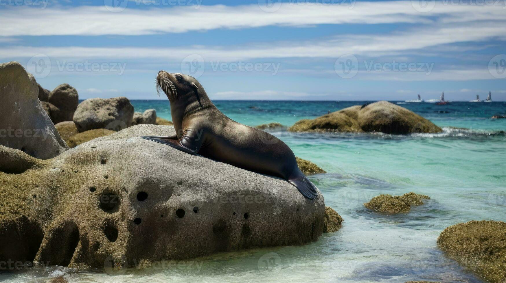 A beach scene with a sea lion resting on a rock. Generative AI photo