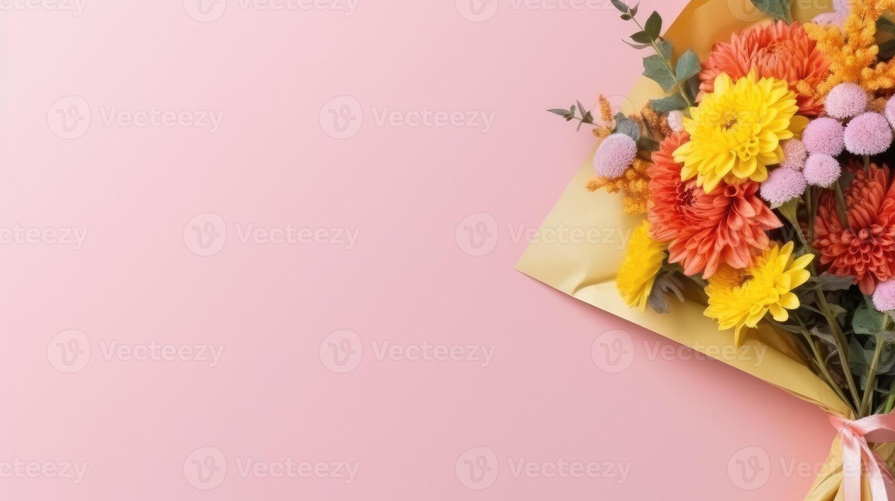 A bouquet of flowers with a tag, for Mothers Day, Birthday, Valentine's Day, romantic gift. Web banner with copy space. Generative AI photo