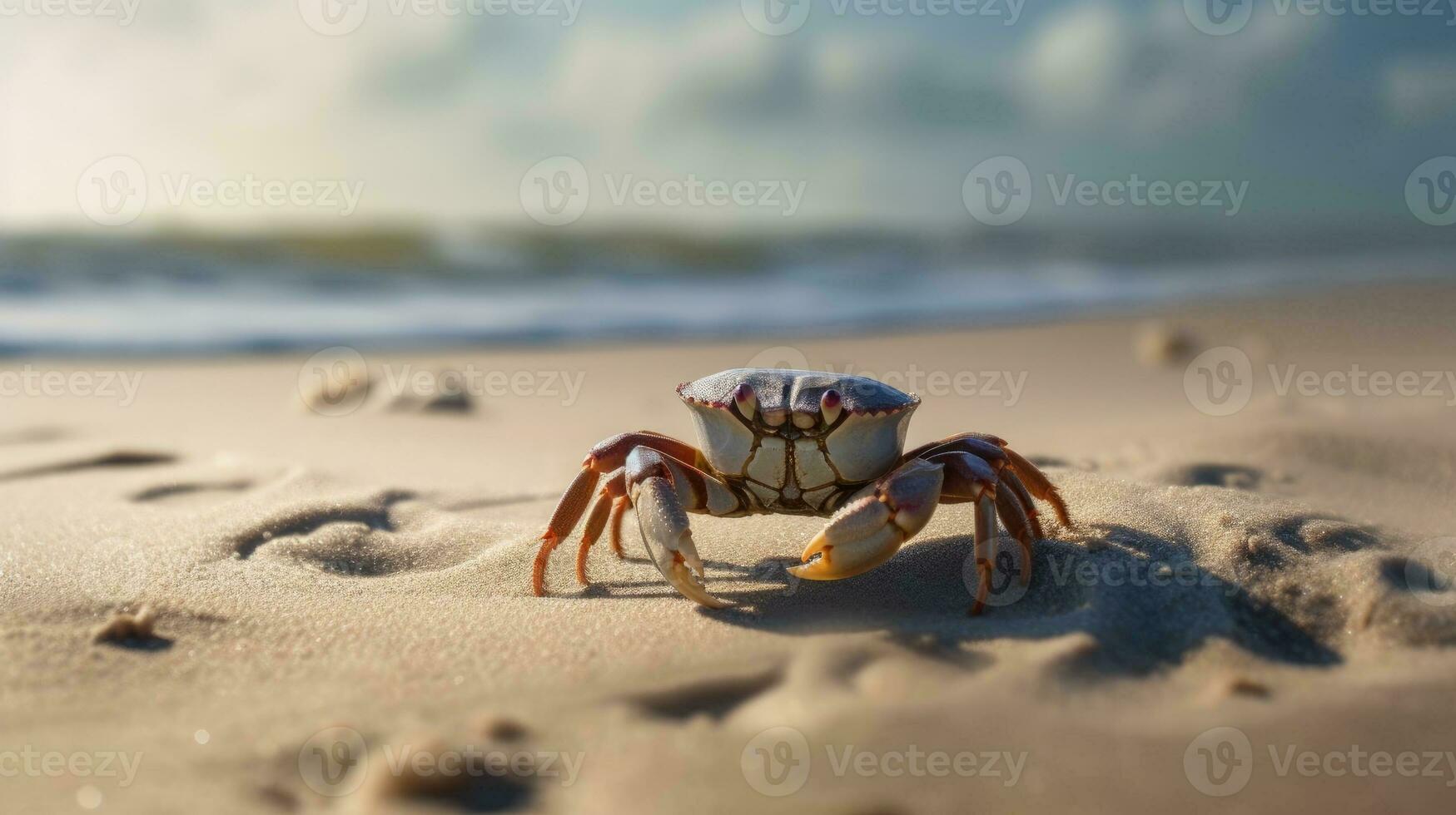 A beach scene with a crab crawling on the sand. Generative AI photo