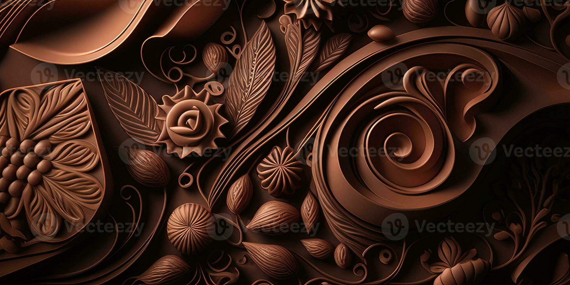 Close-up of delicious dark chocolates drops, cookie and dessert. Flat lay pattern on a brown background. Top view. Generative AI photo