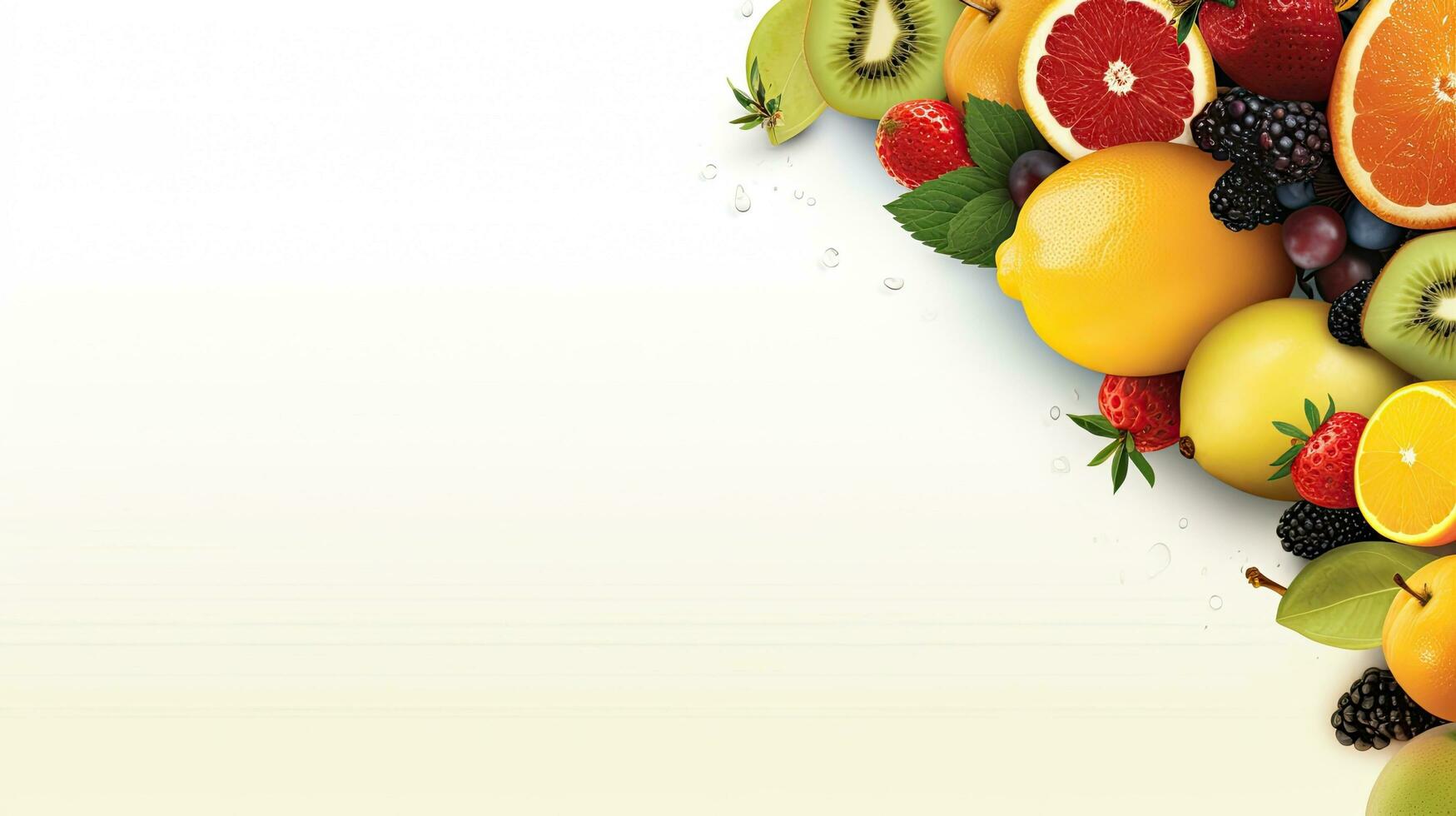 Fresh fruits, food background. Web banner with copy space. Generative AI photo
