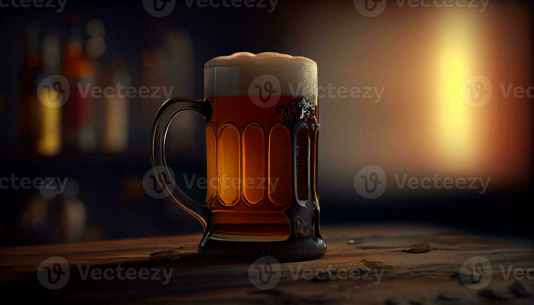 vaso jarra de cerveza con espuma en un bar, pub, cervecería. lager beber, medio litro, alcohol de cerca. generativo ai foto