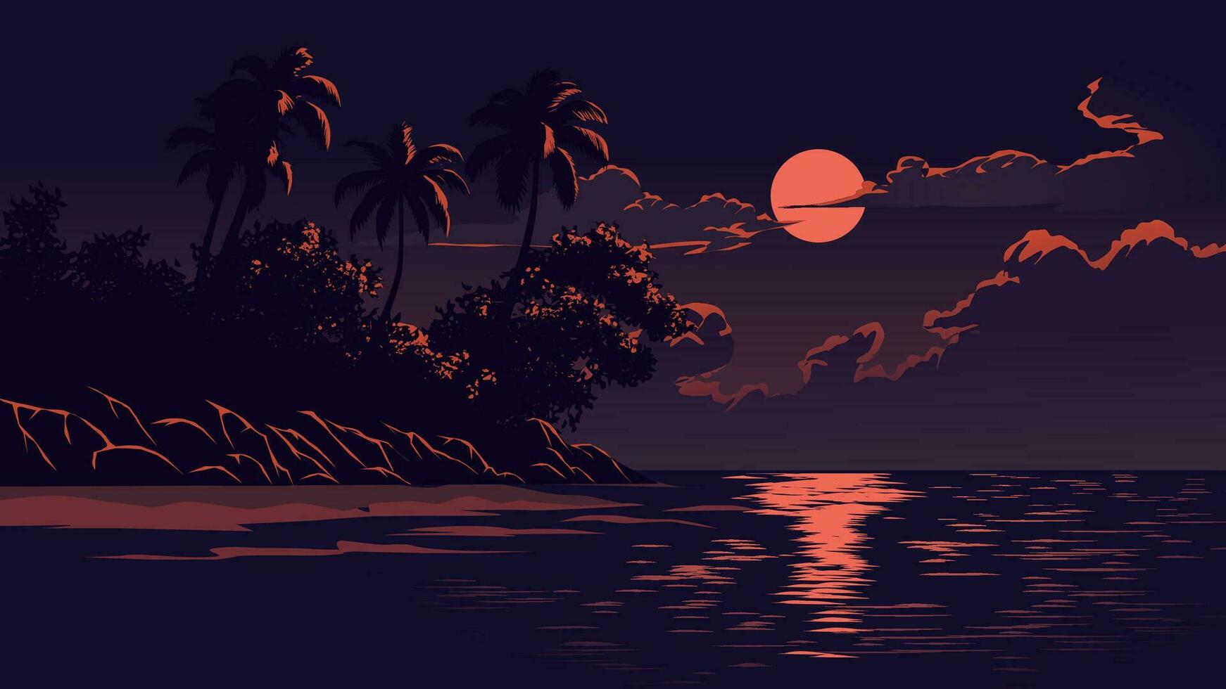 Peaceful calm night at beach with full moon vector
