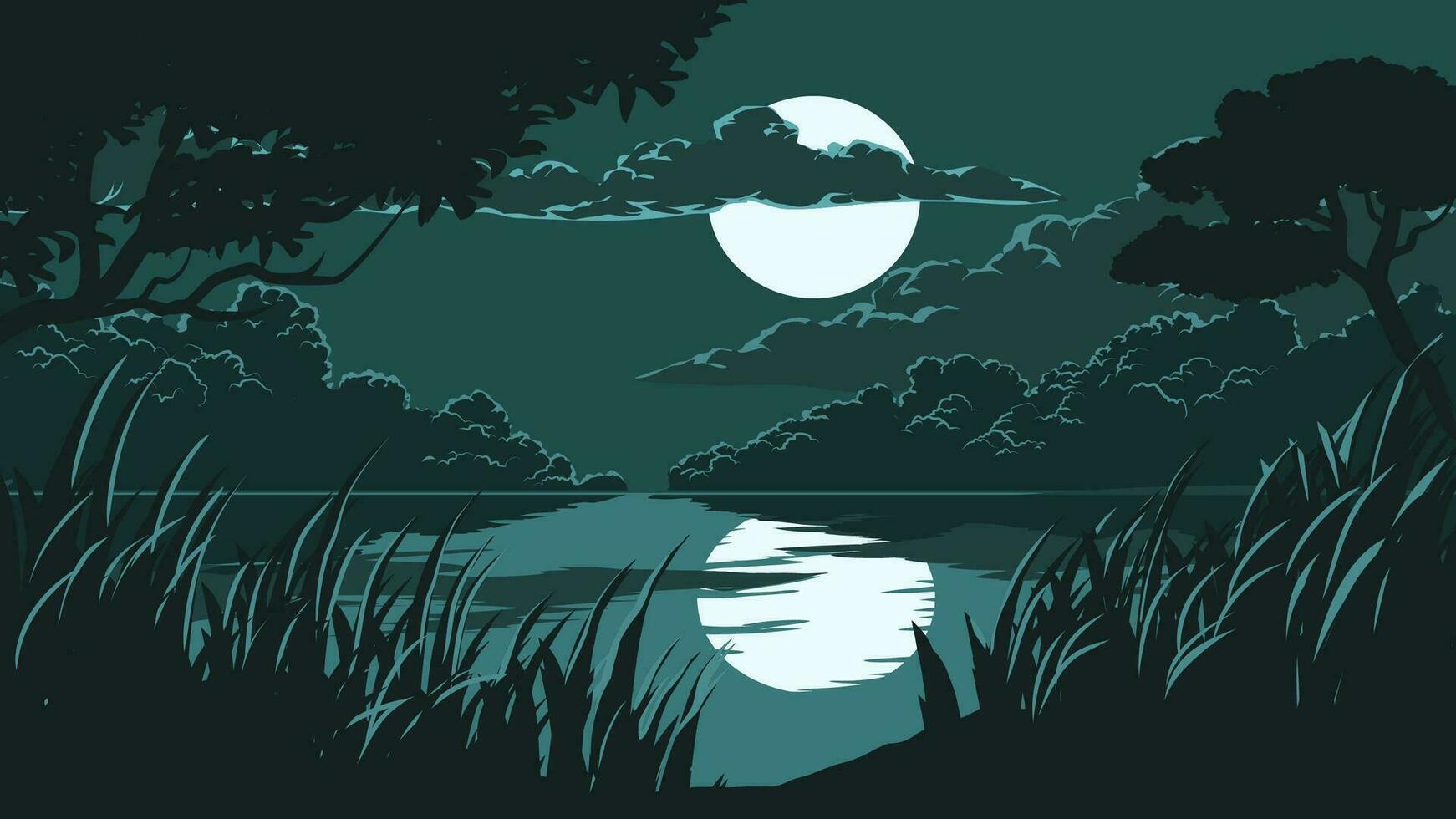 vector ilustración de hermosa noche a lago con lleno Luna