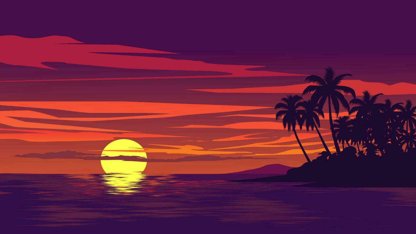 Vector tropical beach sunset landscape with colorful glowing sky and palm trees