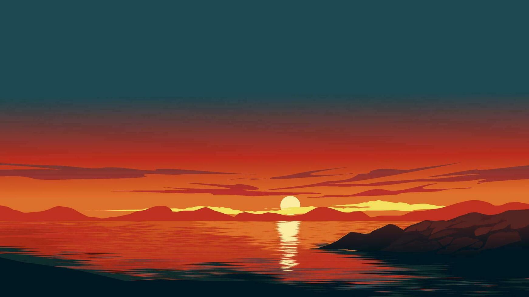 Vector illustration of beautiful calm red sunset over a lake