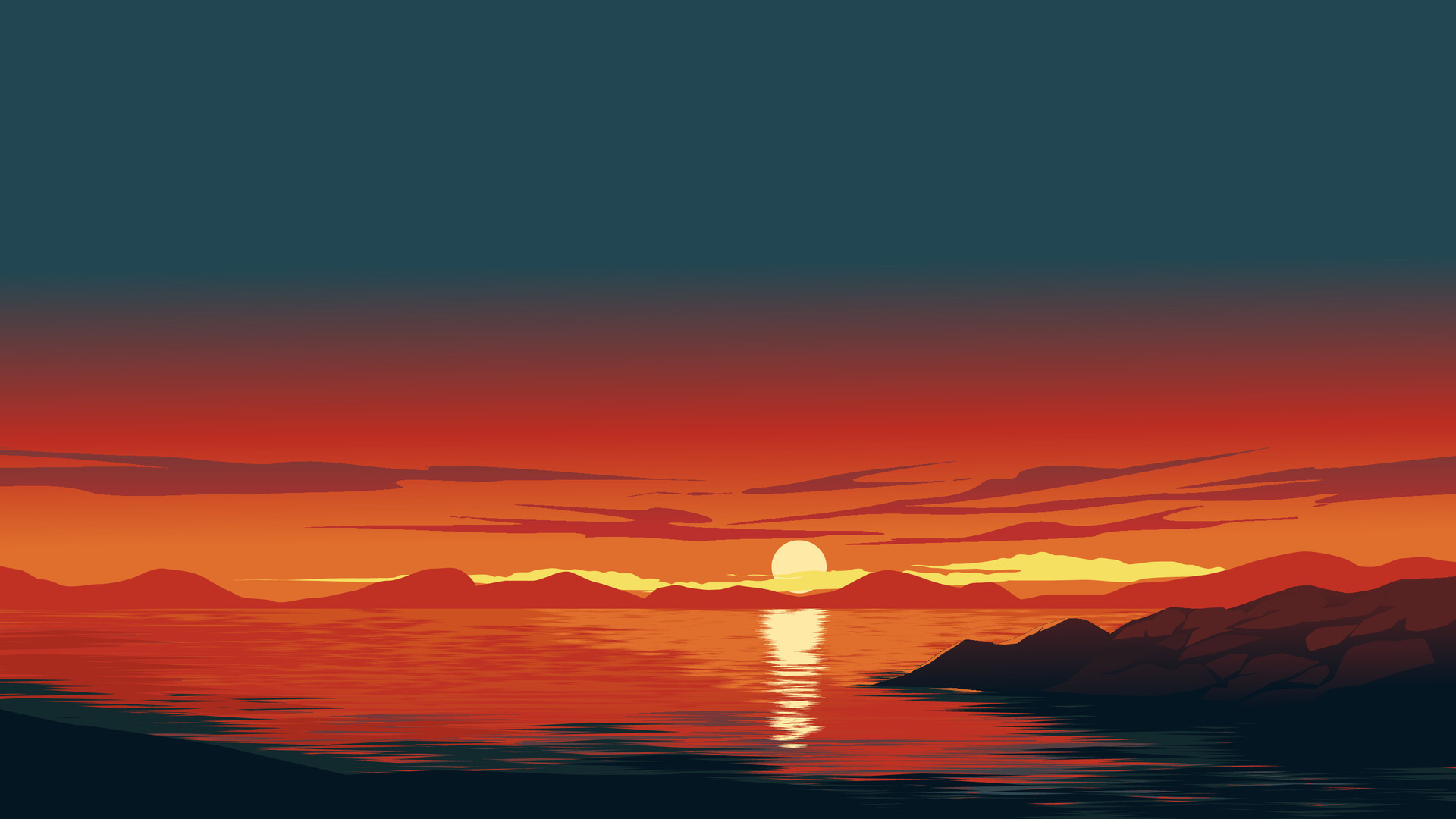 Vector illustration of beautiful calm red sunset over a lake 26467700