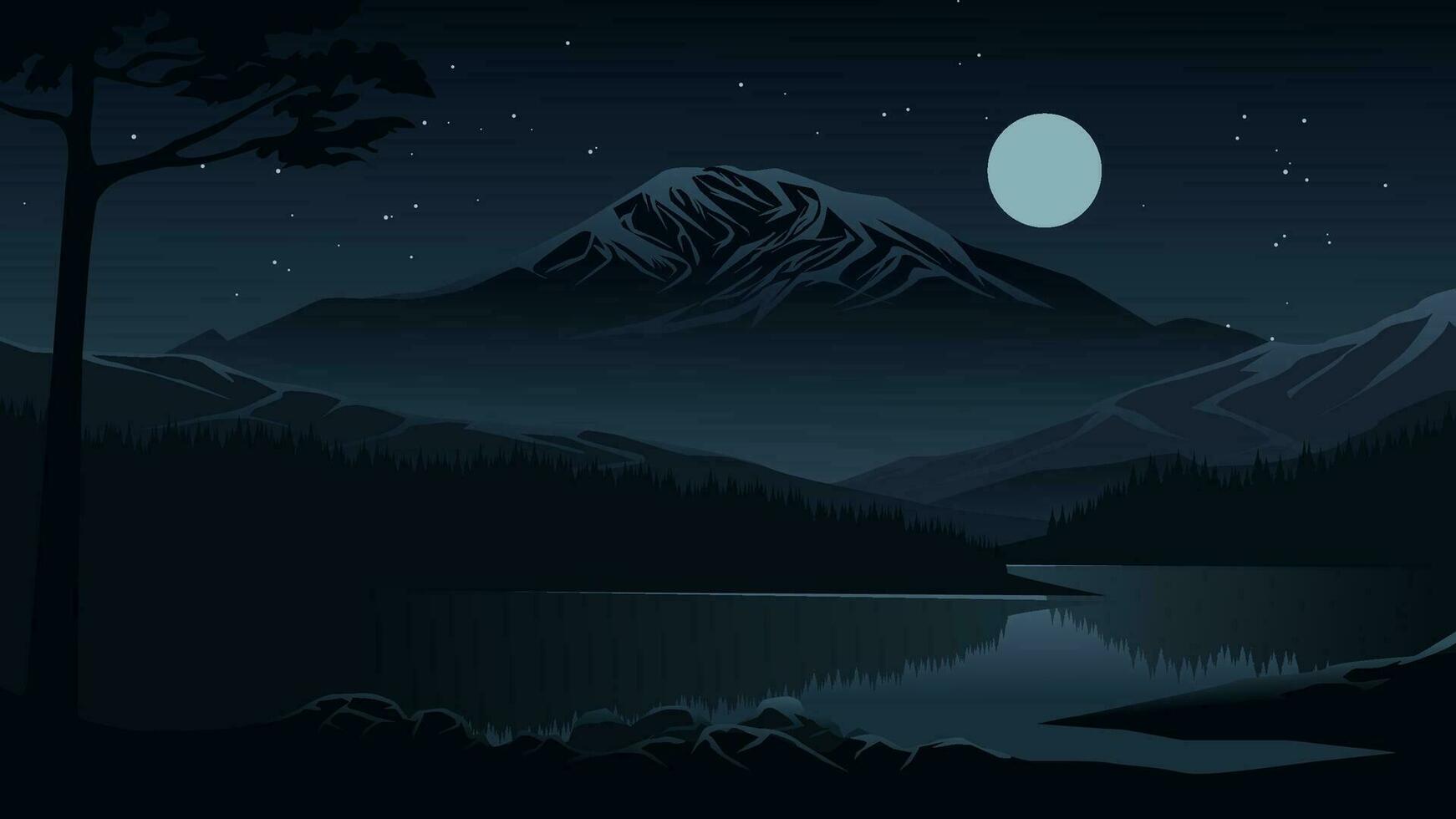Vector illustration of beautiful calm night with mountain, lake and full moon