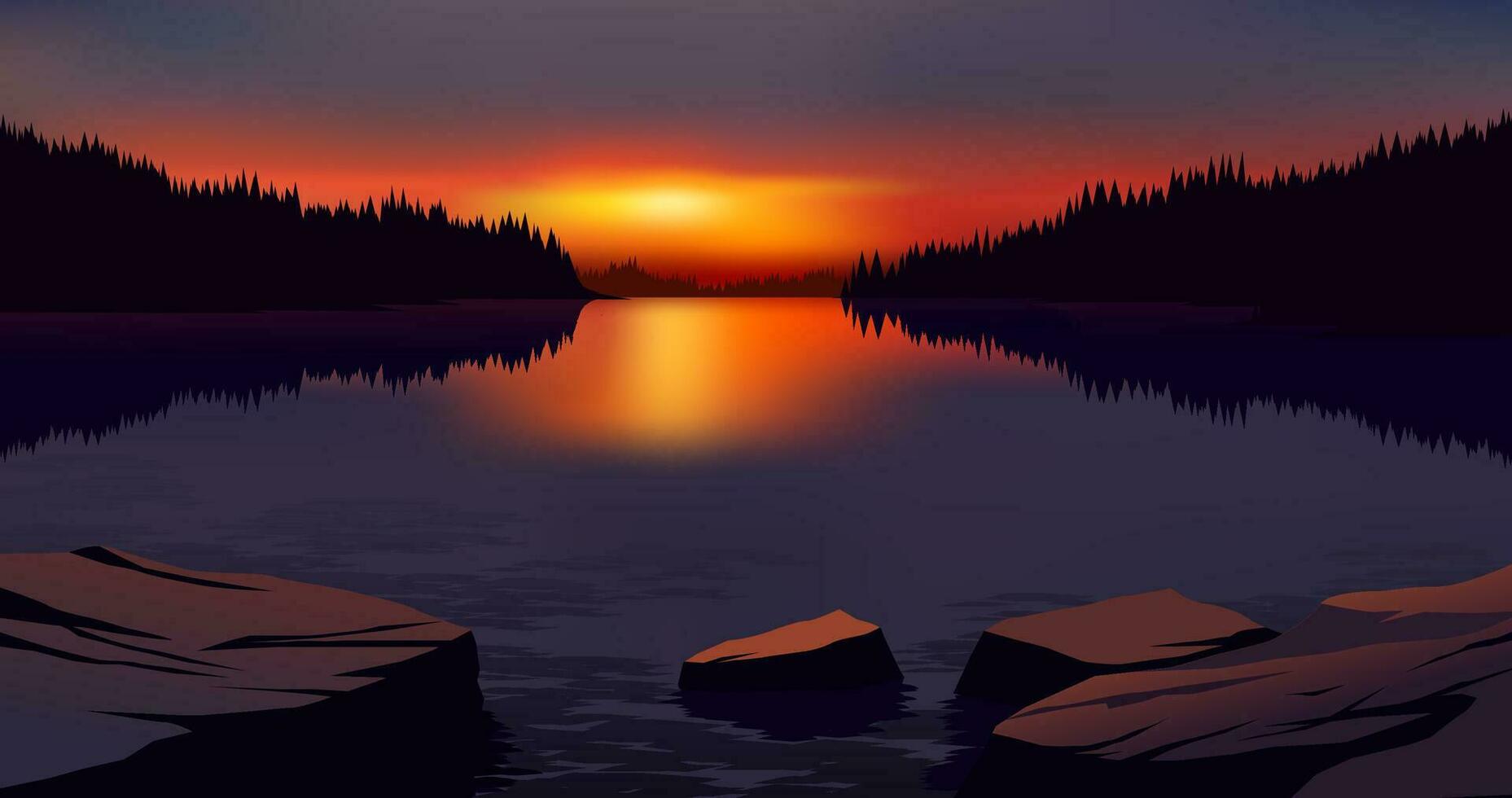 Vector illustration of beautiful calm sunset at lake with rocks