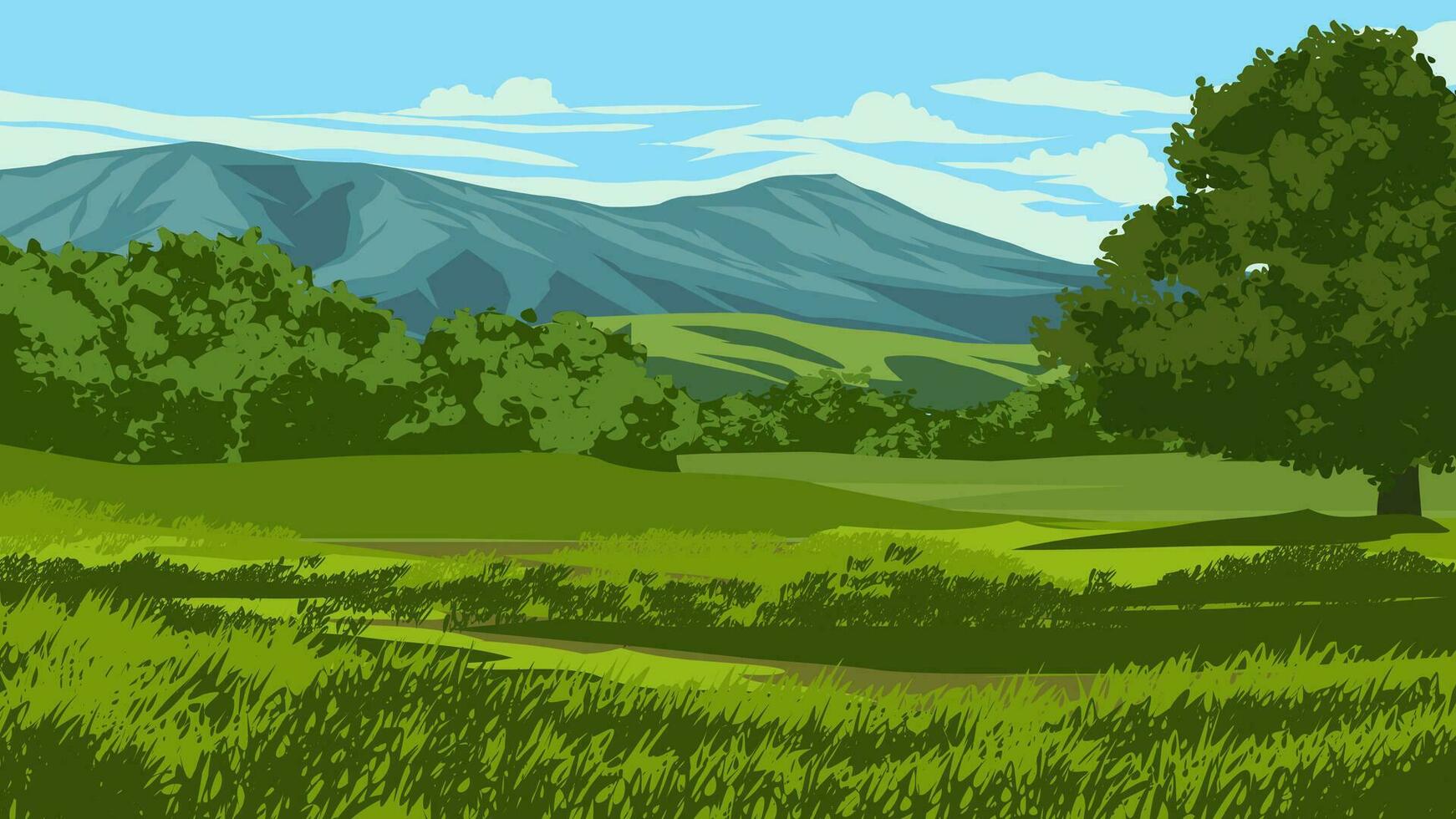 hermosa rural campo con montaña y prado vector