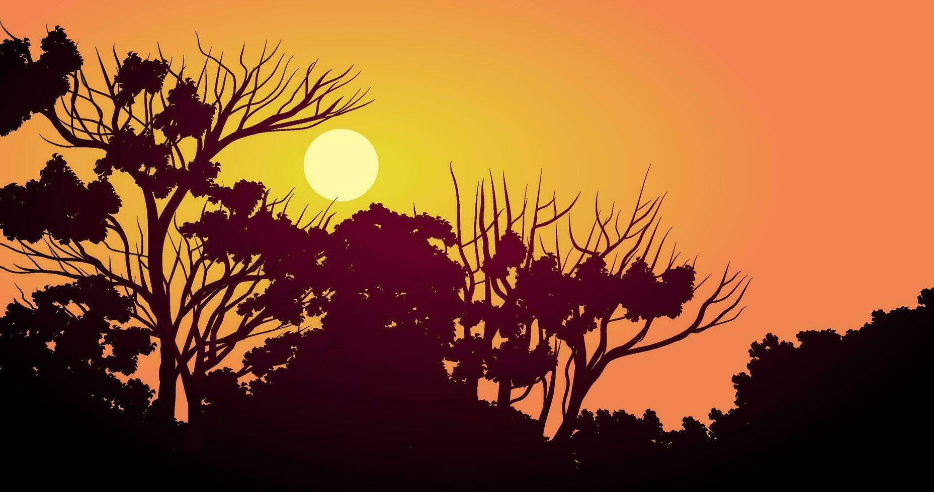 Vector woodland sunset illustration with trees in silhouette