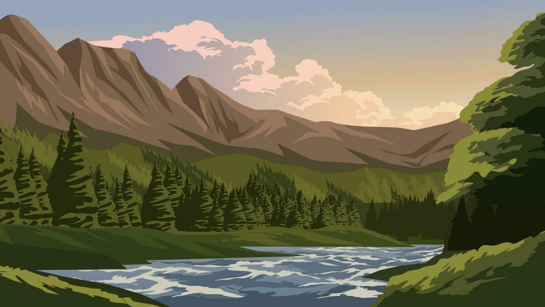 Vector illustration of nature landscape with mountain and river at sunse