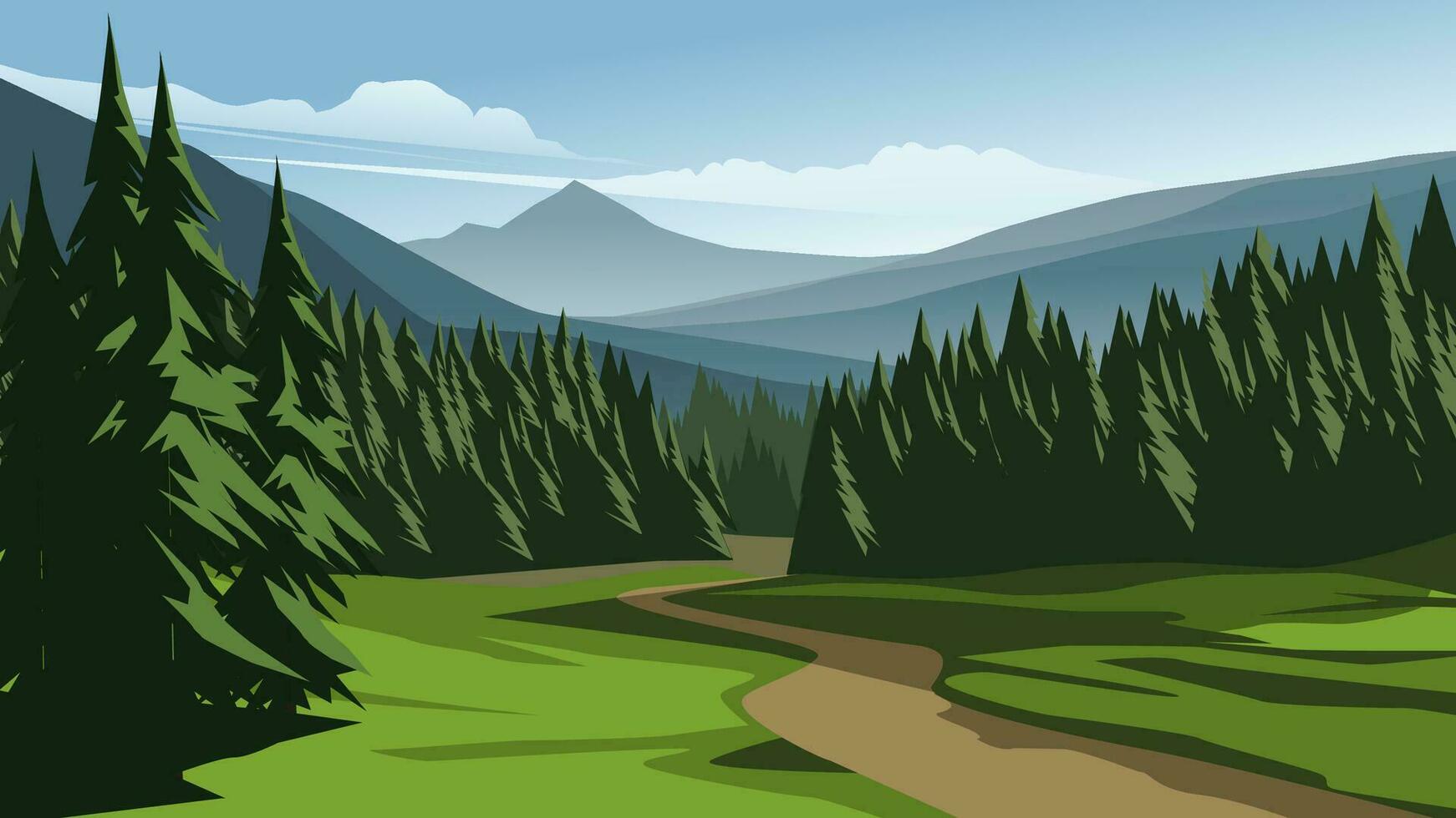 Vector illustration of beautiful pine forest and mountains in sunny da