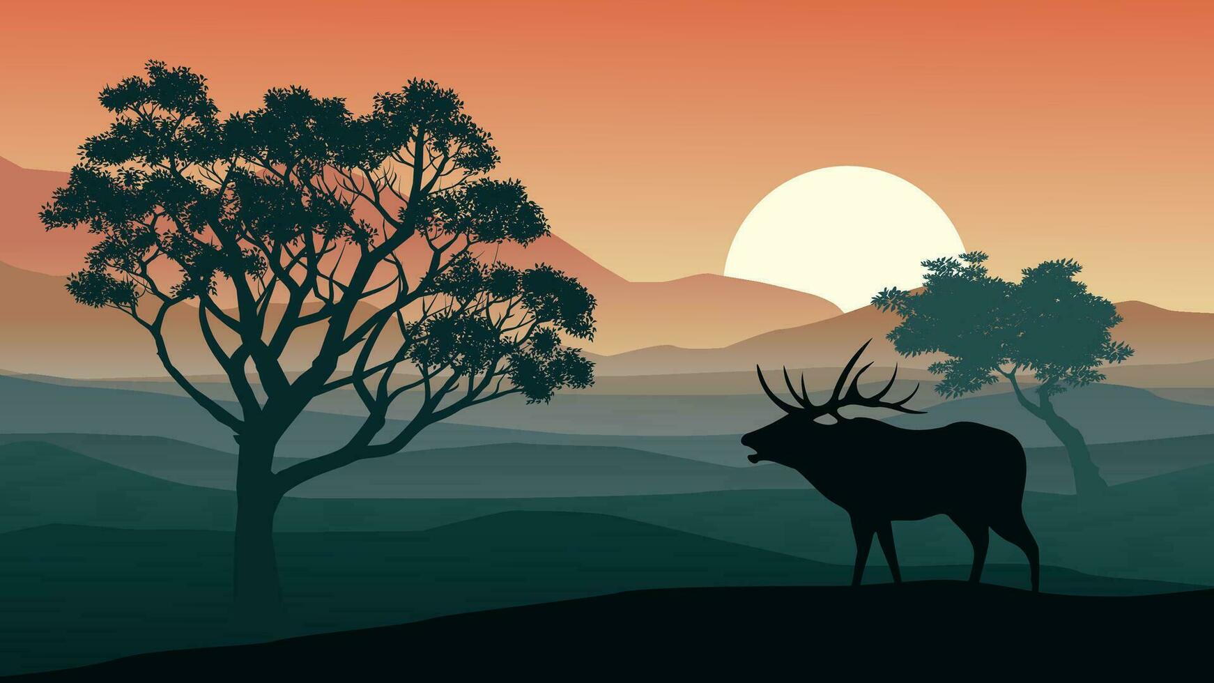 Vector illustration of an elk in foggy morning with silhouette of trees and mountains in backgroun