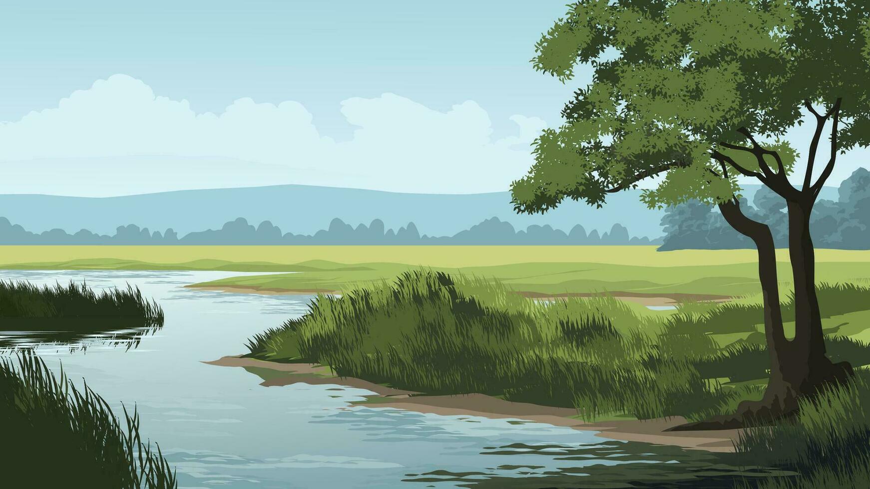 Vector rural countryside landscape with river