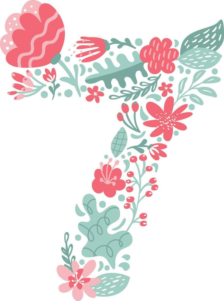 Vector Hand Drawn Font Number 7 seven with Flowers and Branches Blossom Spring. Floral alphabet Typography Summer letter monogram or Logo Design wedding abc