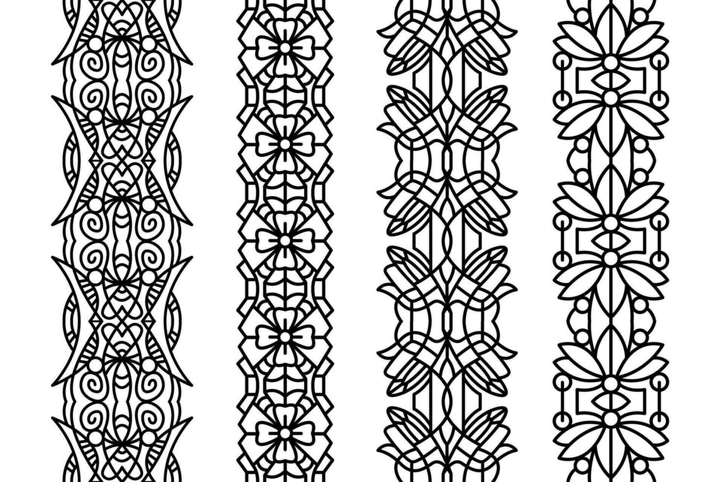 Knit lace trim patterns. Line art seamless tape patterns collection. vector