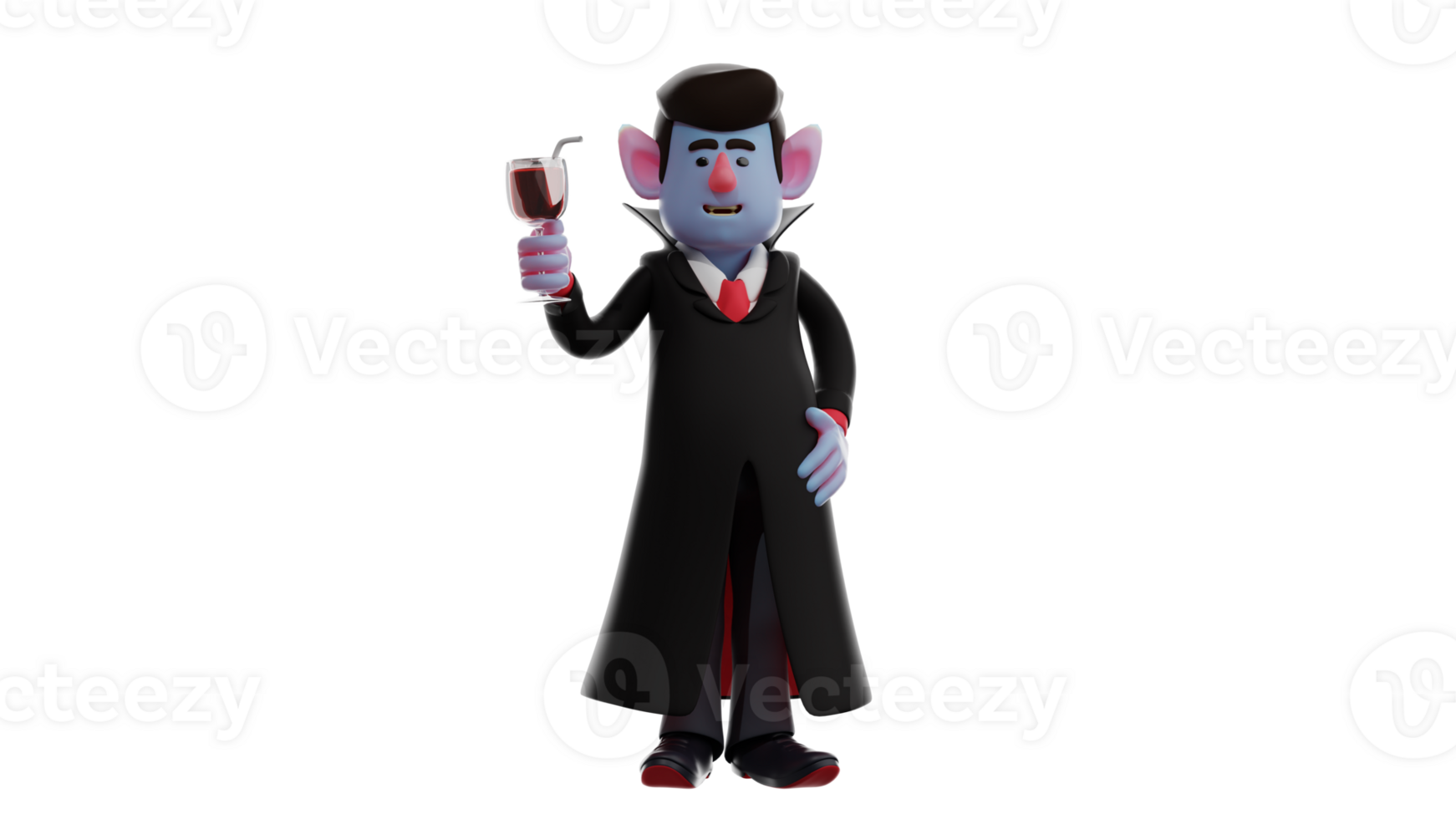 3D Illustration. Handsome man 3D cartoon character. Men wear Dracula costumes to go to a party. Dracula who stood while putting one hand on the waist and holds a glass of wine. 3D cartoon character png