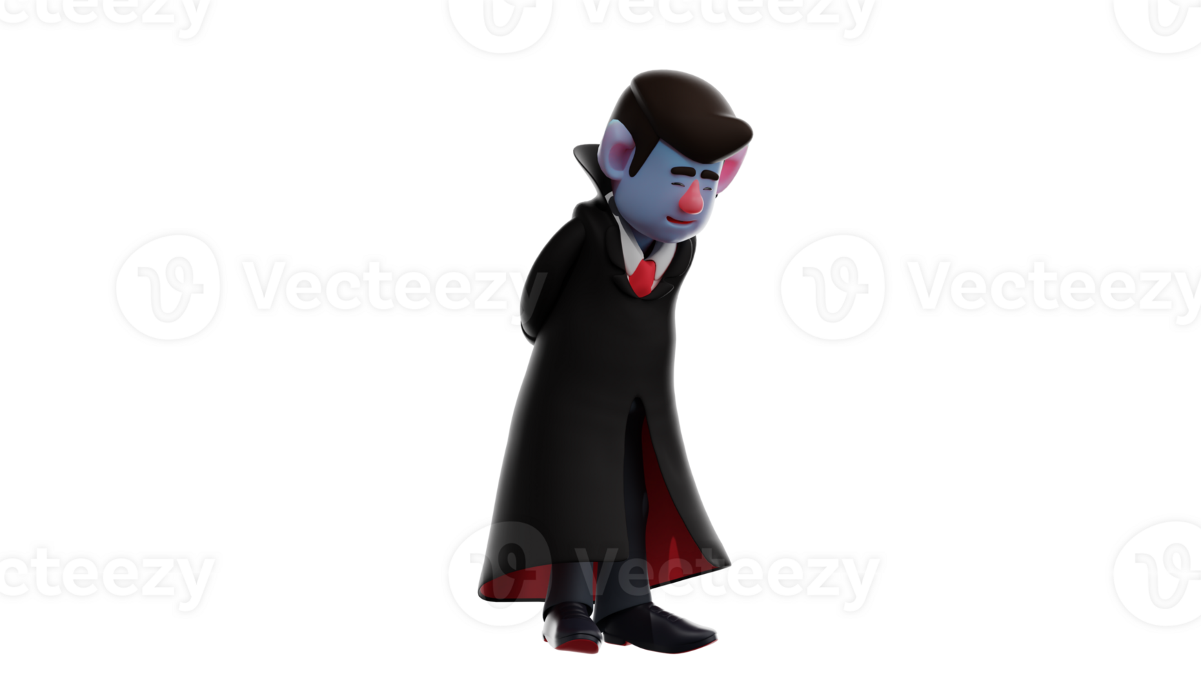3D Illustration. Obedient Dracula 3D cartoon character. Dracula stood up and showed a pose looking down. Dracula faces someone he is respectful. Dracula uses a luxurious robe. 3D cartoon character png