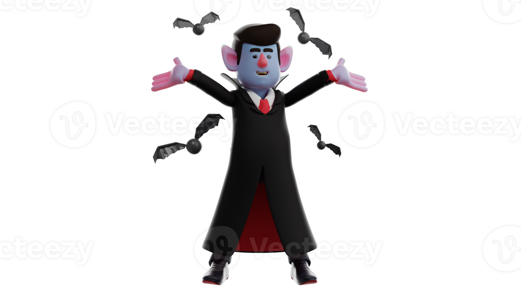 3D Illustration. Handsome Vampire 3D Cartoon Character. The vampire looks happy by stretching his hands. Vampire stands and surrounded by many bats that have. 3D cartoon character png