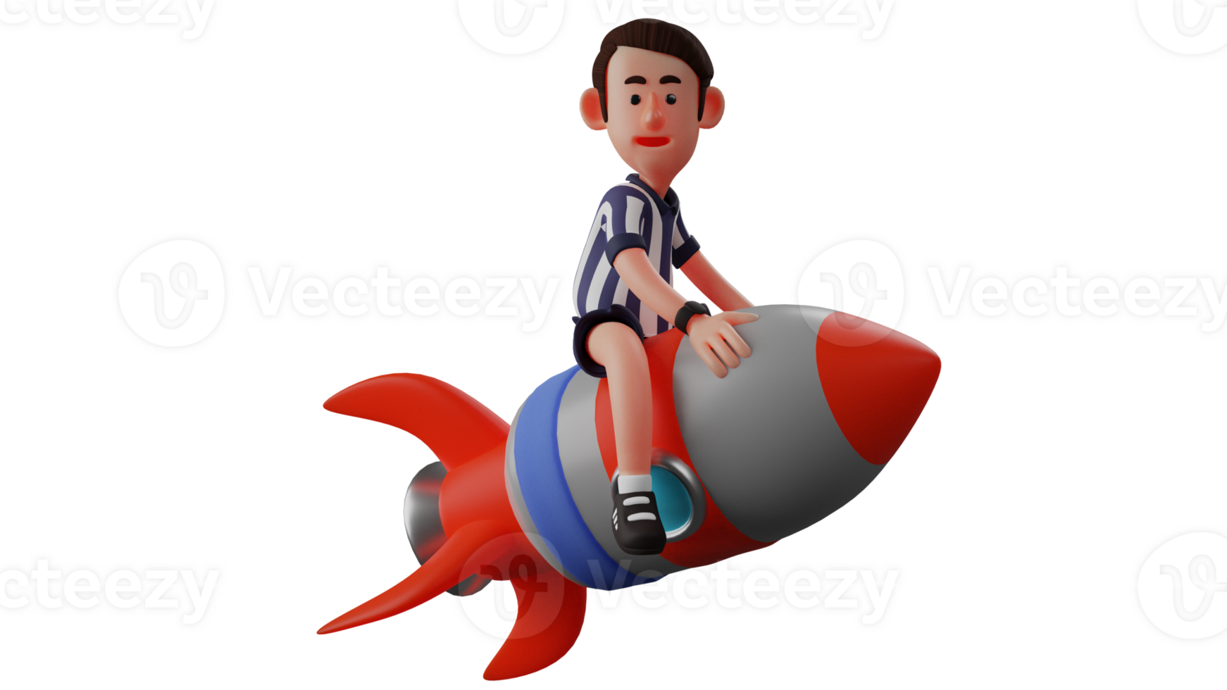 3D illustration. Cute Referee 3D Cartoon Character. The referee is riding a toy rocket. The referee is enjoying his time off by playing as he pleases. Attractive referee. 3D Cartoon Character png