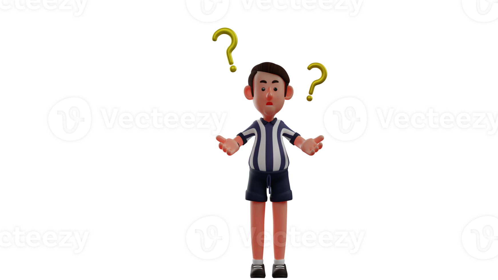 3D illustration. Confused Referee 3D Cartoon Character. Referee with two questions next to it. A handsome referee who wonders about something he doesn't know yet. 3D Cartoon Character png