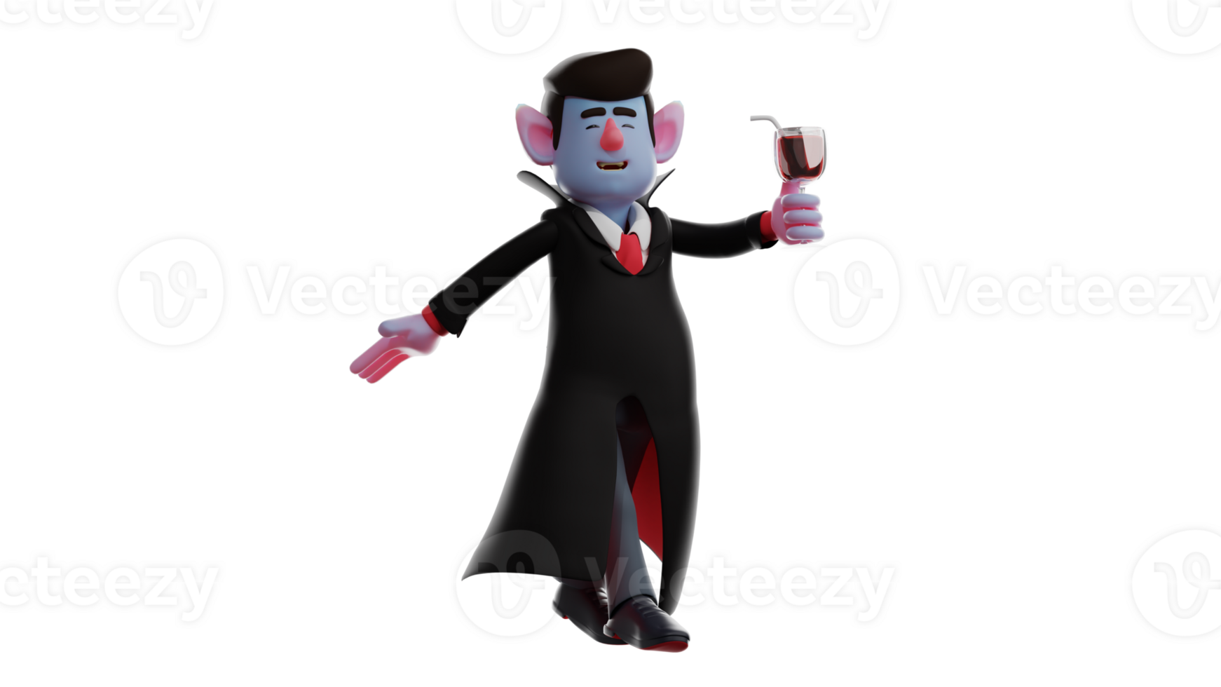 3D Illustration. Dracula 3D cartoon character. Dracula with a pose stepped and brought a glass of wine. A handsome vampire walked while showing his happy smile. 3D cartoon character png