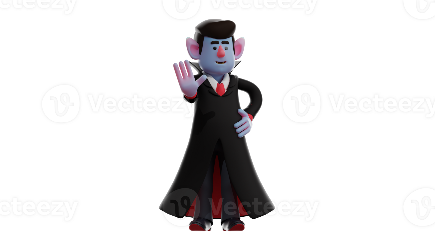 3D Illustration. Cool Dracula 3D cartoon character. Dracula stood up and put one hand on the waist. Dracula stopped something by pointing one hand forward. 3D cartoon character png