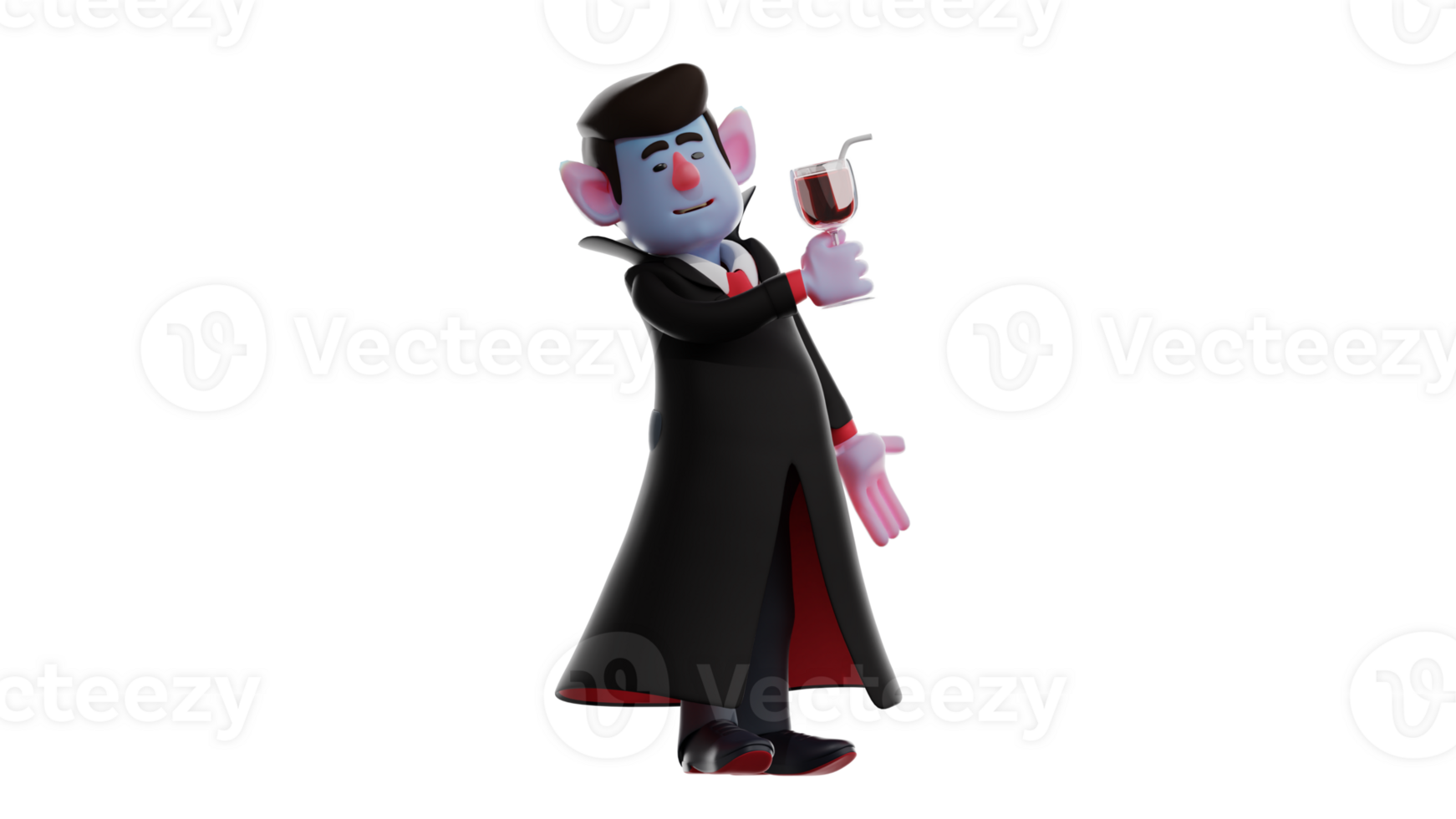 3D Illustration. Cool Dracula 3D cartoon character. Dracula attended a party. Dracula stood up carrying a glass of wine in his hand. Dracula is talking with his friend. 3D cartoon character png