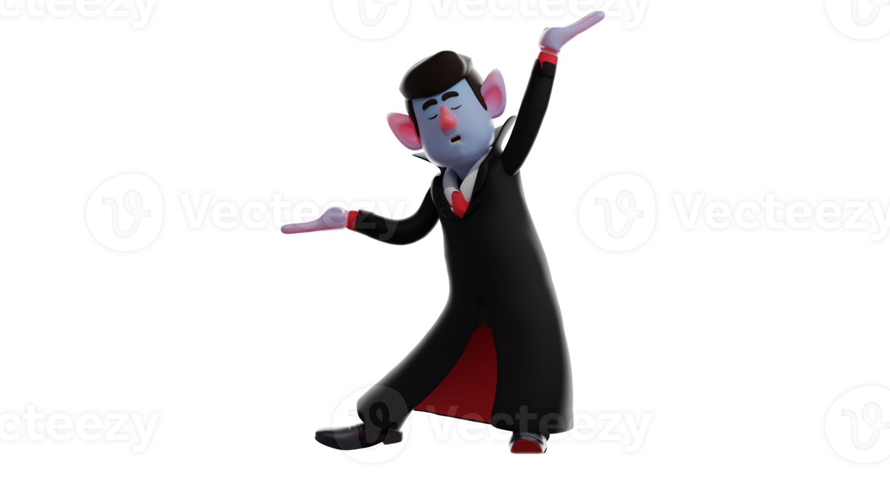 3D illustration. Vampire 3D Cartoon Character. The vampire is dancing with his hands up. A handsome vampire who closed his eyes enjoying the atmosphere. 3D Cartoon Character png