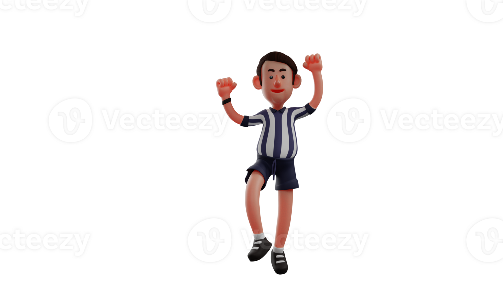 3D illustration. Happy Referee 3D Cartoon Character. Referee was jumping up and down while clenching his fists. The cheerful referee was happy for the match that had taken place. 3D Cartoon Character png