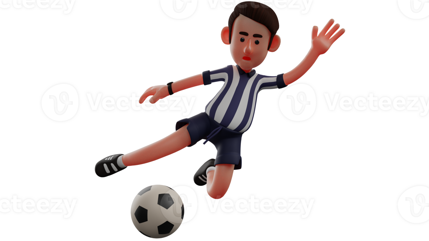 3d illustrazione. attraente arbitro 3d cartone animato carattere. arbitro nel un' posa calciando il sfera. il arbitro calci il palla in direzione il campo. il arbitro sembra assolutamente sbalorditivo. 3d cartone animato personaggio png