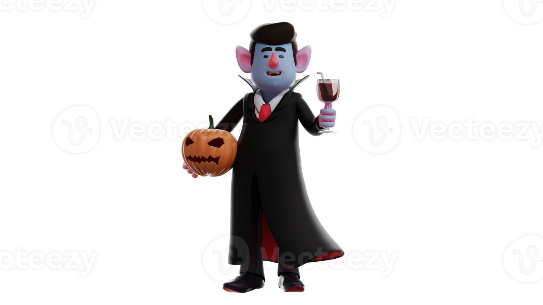 3D Illustration. Cool Men 3D cartoon character. Men came to the Halloween party wearing Dracula costumes. Dracula stood up while holding the Halloween pumpkin. 3D cartoon character png