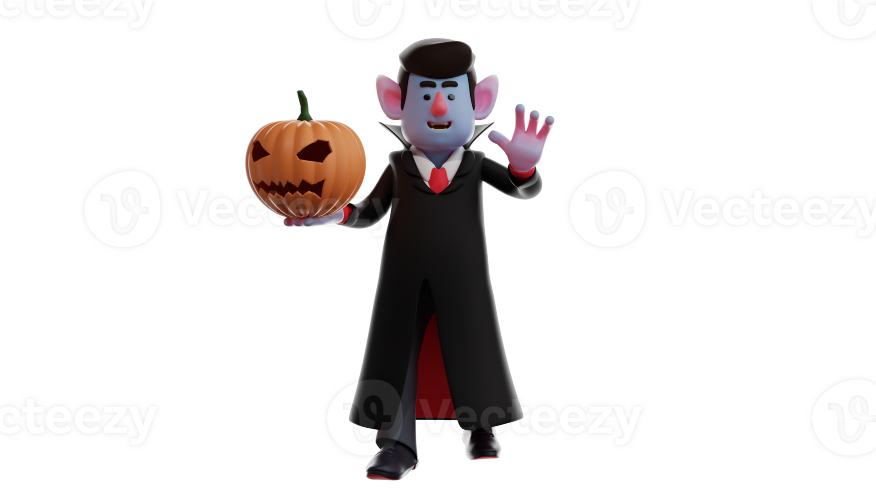 3D Illustration. The adorable Dracula 3D cartoon character. Dracula lifted the Halloween pumpkin with one hand. Dracula stopped someone by lifting one hand. 3D cartoon character png