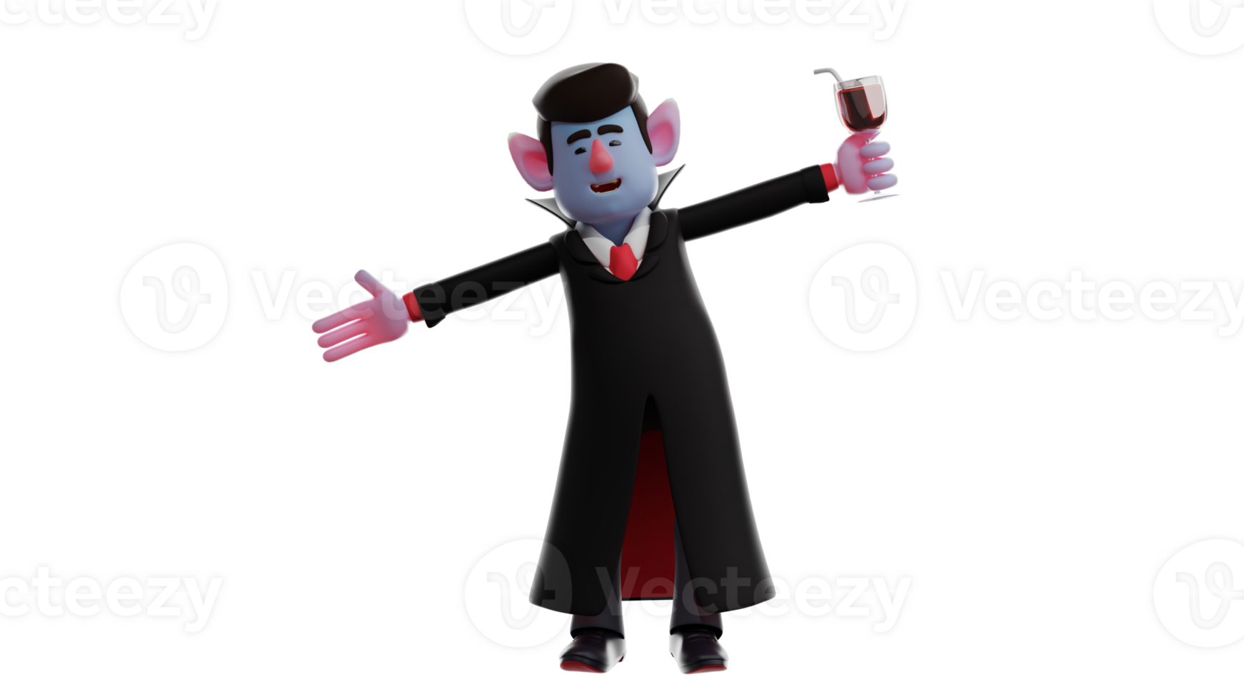 3D Illustration. Vampire 3D cartoon character. Vampire stretched his hands to welcome someone who came to his party. The vampire holds a glass of wine and shows his happy smile. 3D cartoon character png