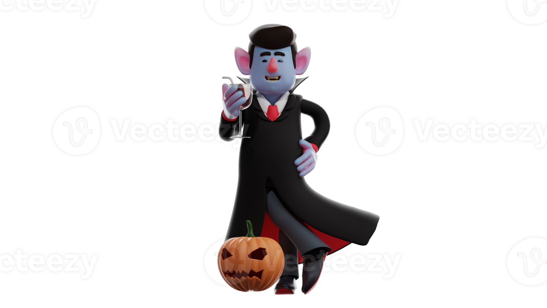 3D Illustration. Charming Dracula 3D cartoon character. Dracula stood with the Halloween pumpkin in front of him. Dracula was smiling while holding a glass of his favorite wine. 3D cartoon character png
