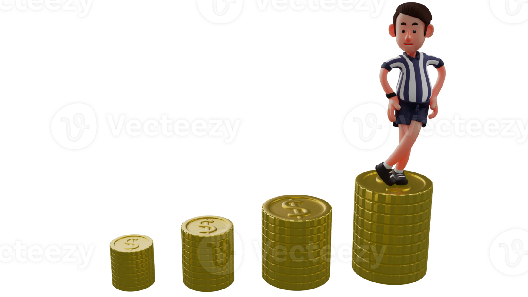 3D illustration. Successful Referee 3D Cartoon Character. Referee is standing on a gold coins pile. Referee along with the many piles of gold coins that he had worked so hard for. 3D Cartoon Character png