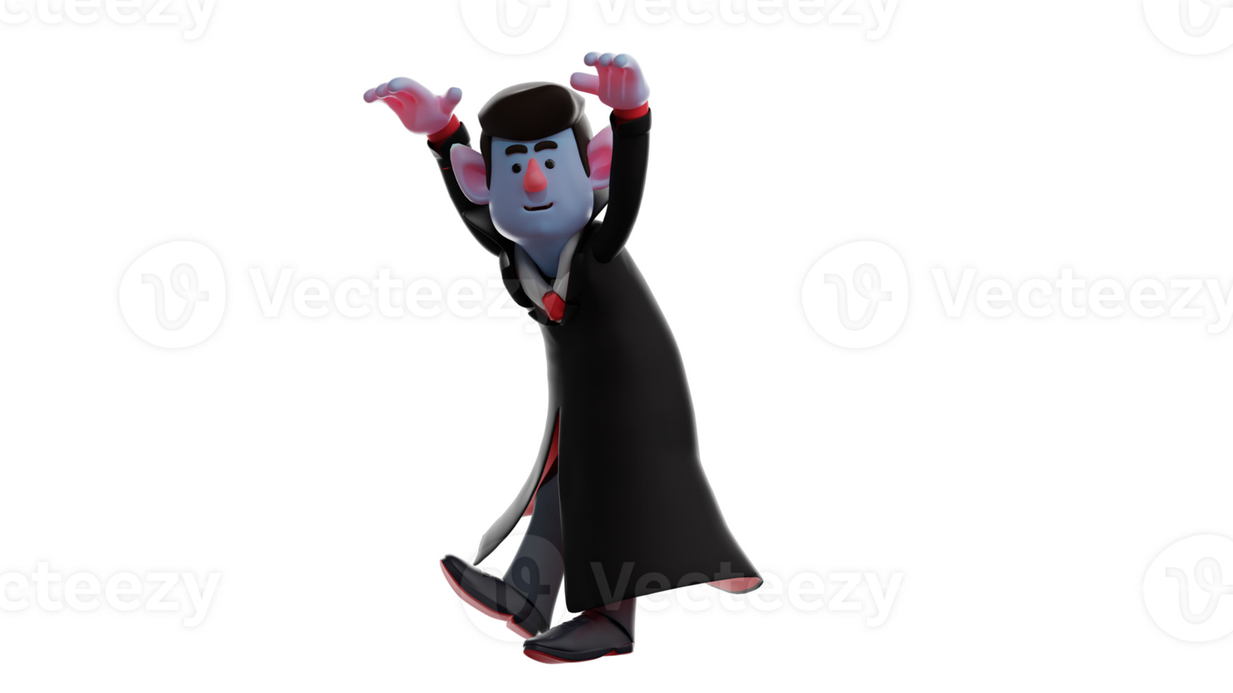 3D illustration. Fun Dracula 3D Cartoon Character. Dracula took a strange pose. Dracula raised his hands and tried to scare someone he met. 3D Cartoon Character png