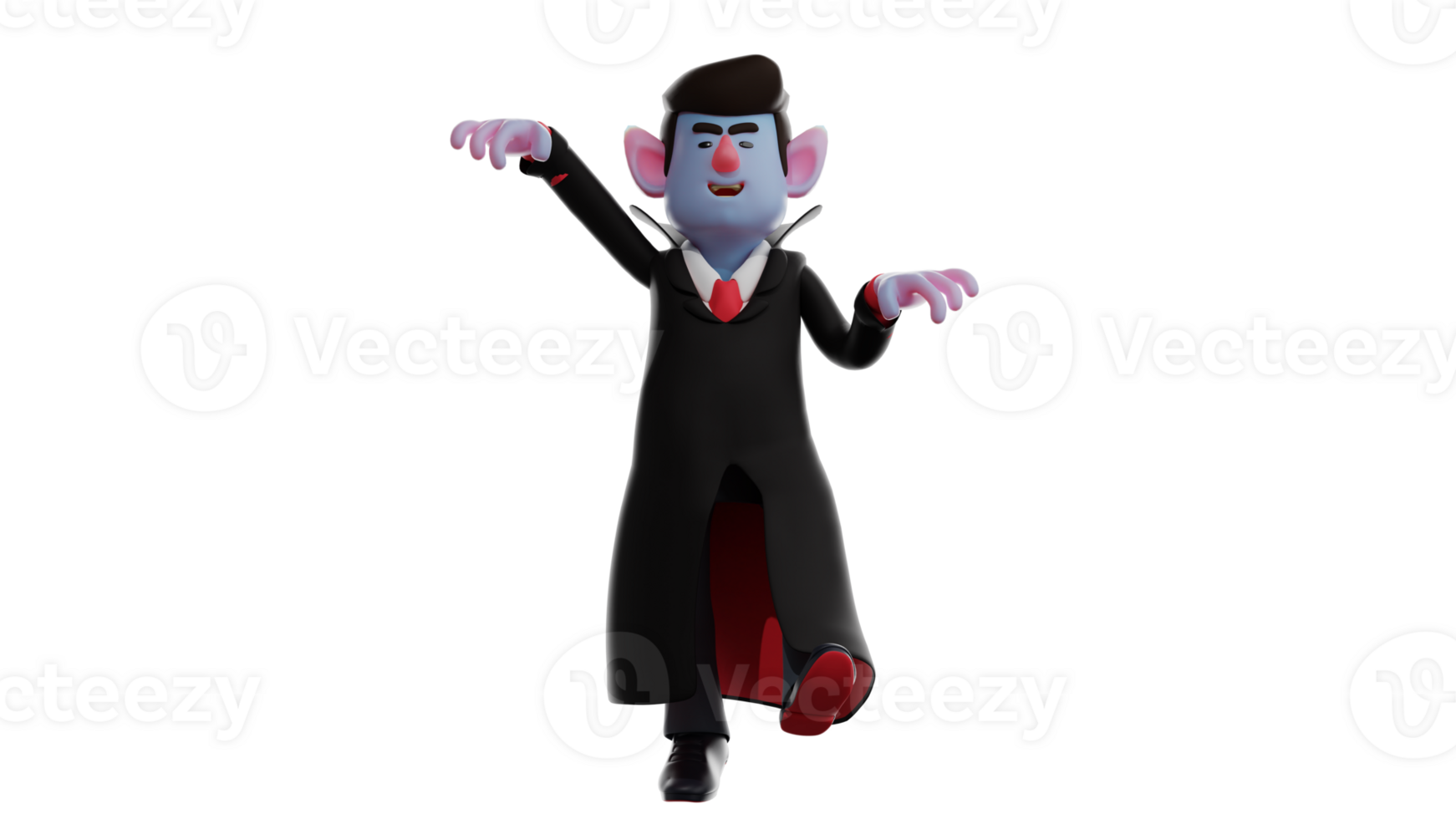 3D Illustration. Dracula 3D cartoon character. Dracula is chasing someone in front of him. Dracula looks very scary. Dracula in his scary clothes. 3D cartoon character png