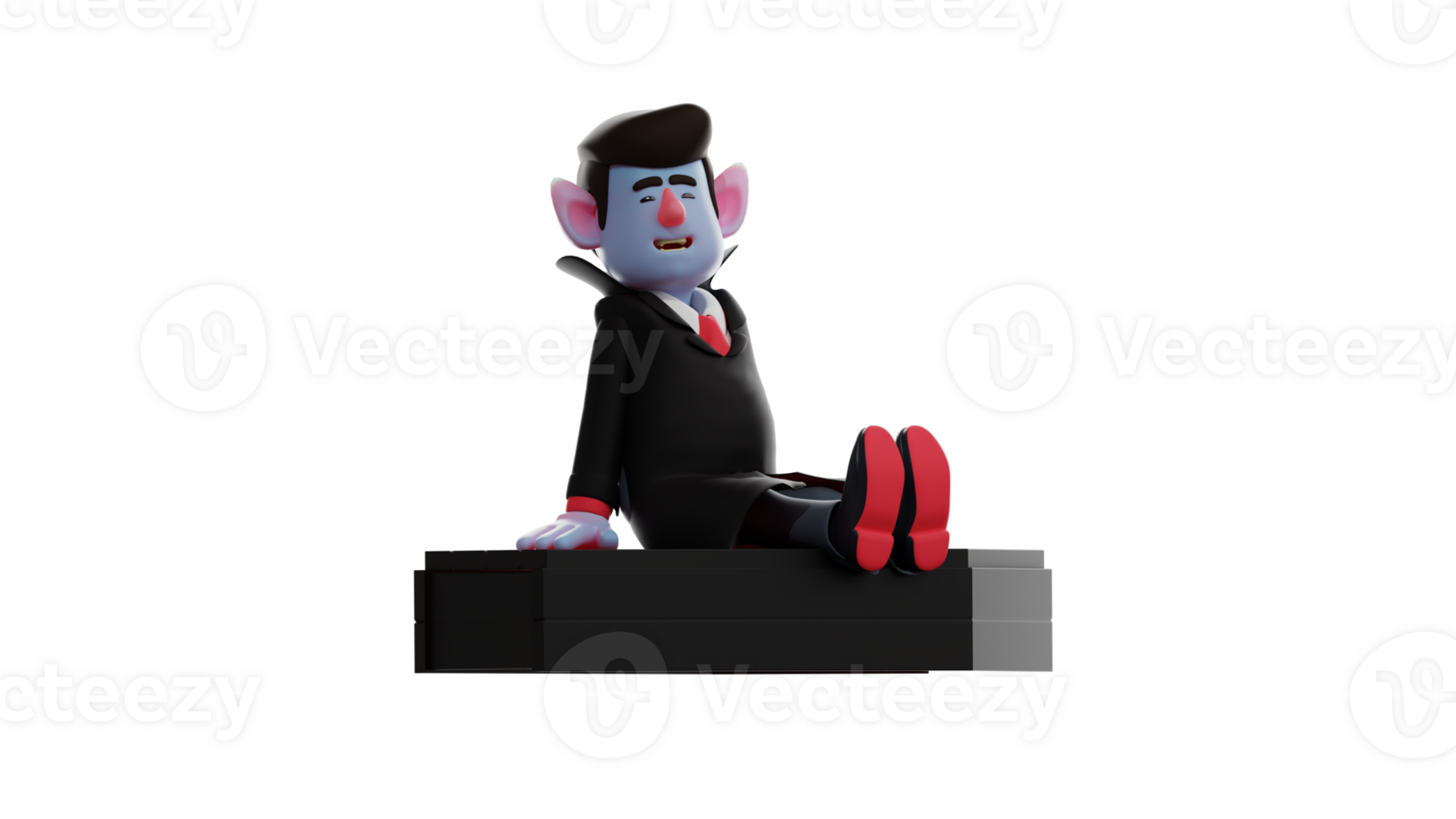 3D Illustration. Relaxed Dracula 3D cartoon character. Dracula sat down while enjoying the surrounding situation. Dracula smiled enjoying his rest time. 3D cartoon character png