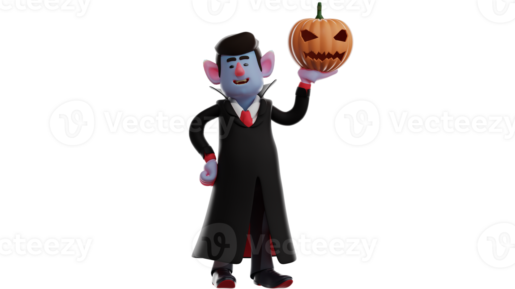 3D Illustration. Awesome Vampire 3D cartoon character. Vampire stood up while raising the Halloween pumpkin with one hand. Vampires smiled and happy to attend the Halloween party. 3D cartoon character png
