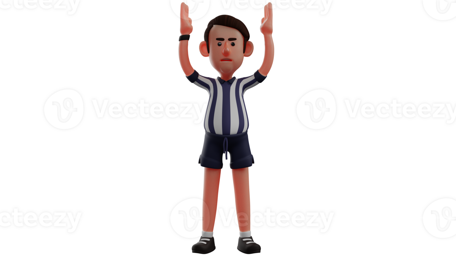3D illustration. Decisive Referee 3D Cartoon Character. The referee stands and raises both hands forward. The ball match referee will start today's game. 3D Cartoon Character png