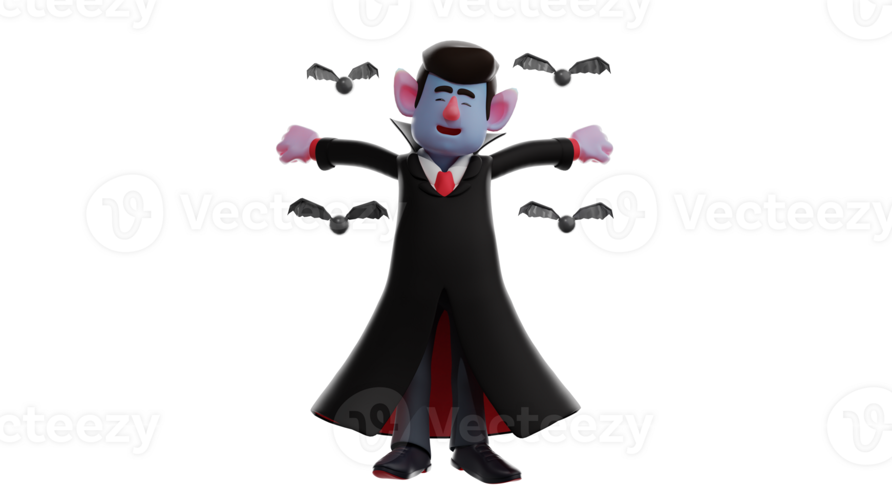 3D Illustration. Happy Dracula 3D cartoon character. Dracula stood up while spreading his hands. Dracula is surrounded by a lot of bats that fly. 3D cartoon character png